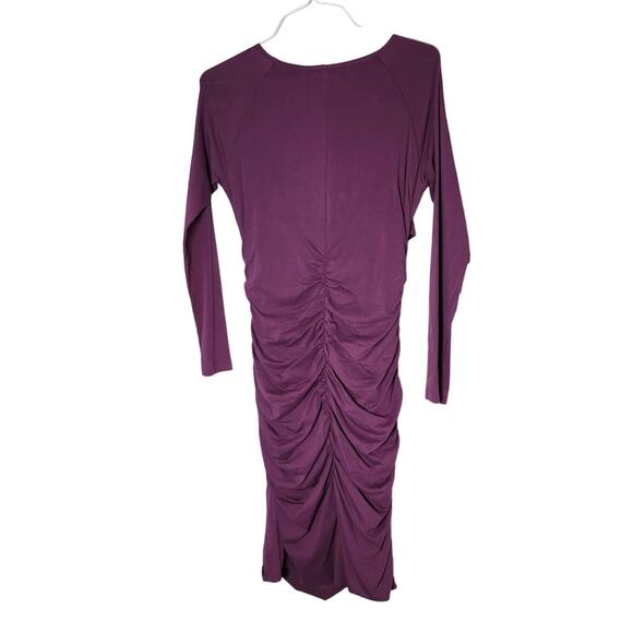 Sundance Ruched Bodycon Midi Dress Size Medium Plum Purple Stretch - Picture 2 of 3